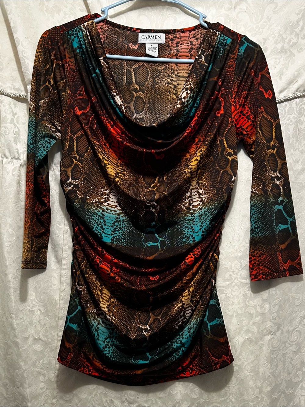 Carmen Marc Valvo Red Turquoise Brown Snake-Print Top
